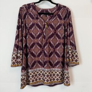 Roz & Ali Purple Paisley Medallion Zip Neck Bell Sleeve Blouse Top 1X Boho